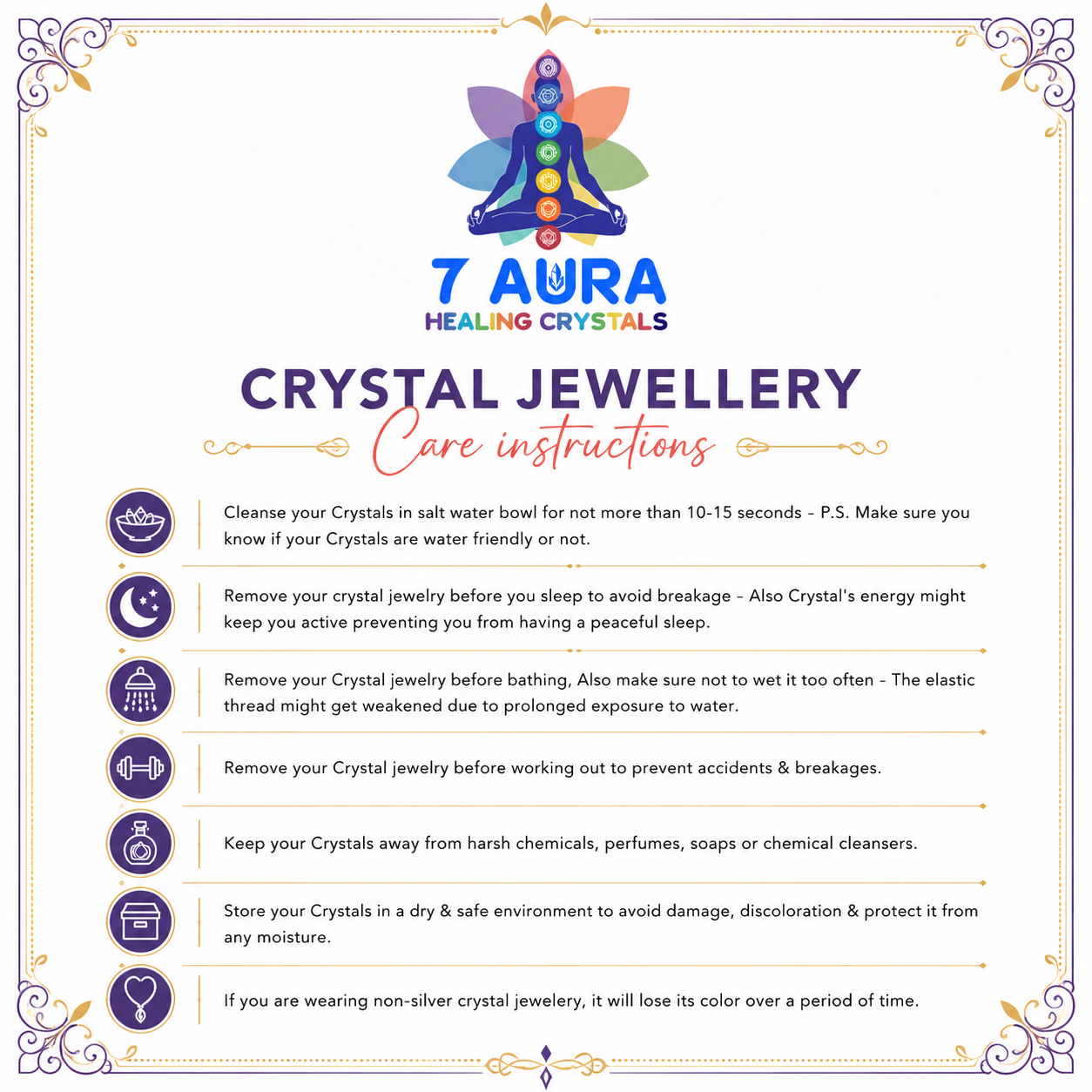 Crystal jewellery care instructions from 7 Aura Healing Crystals