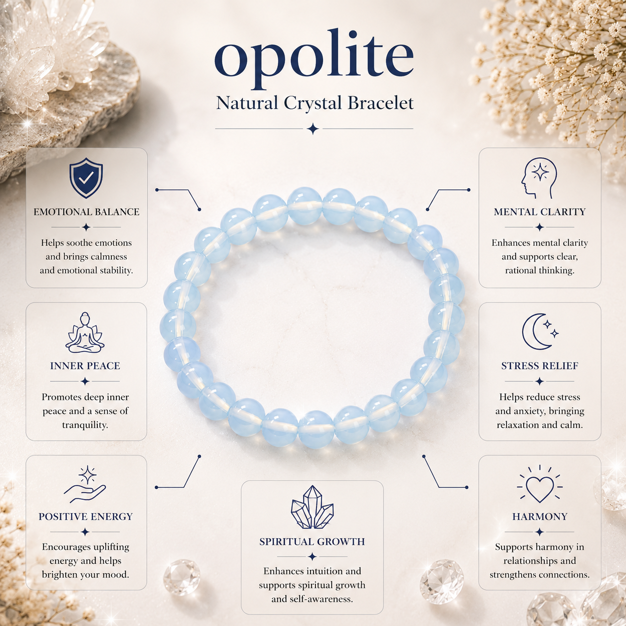 Opalite Bracelet product infographic showing key crystal associations