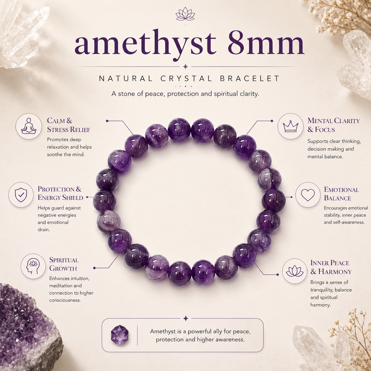 Amethyst / Jamunia Crystal Bracelet product infographic showing key crystal associations