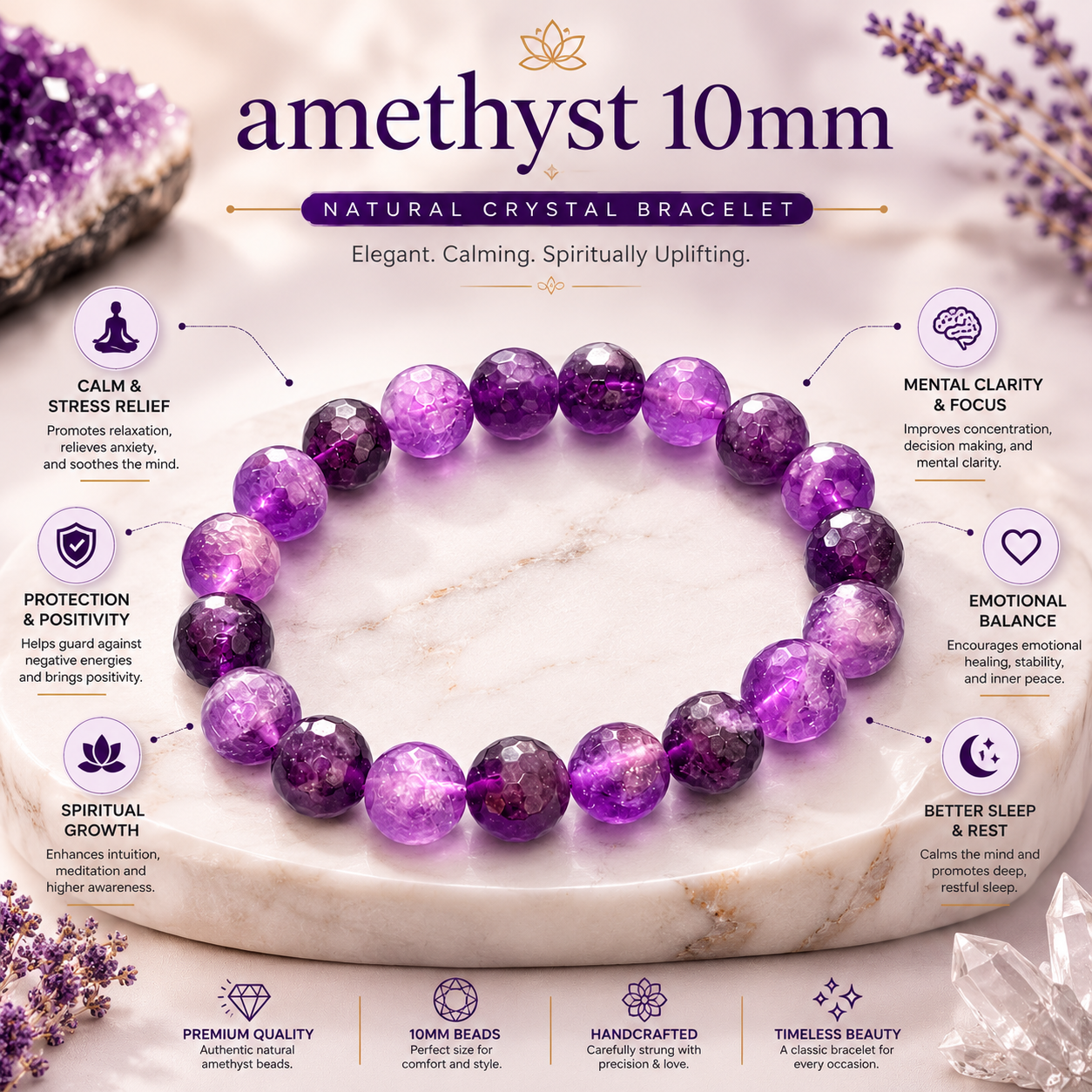 Amethyst Diamond Cut Bracelet product infographic showing key crystal associations